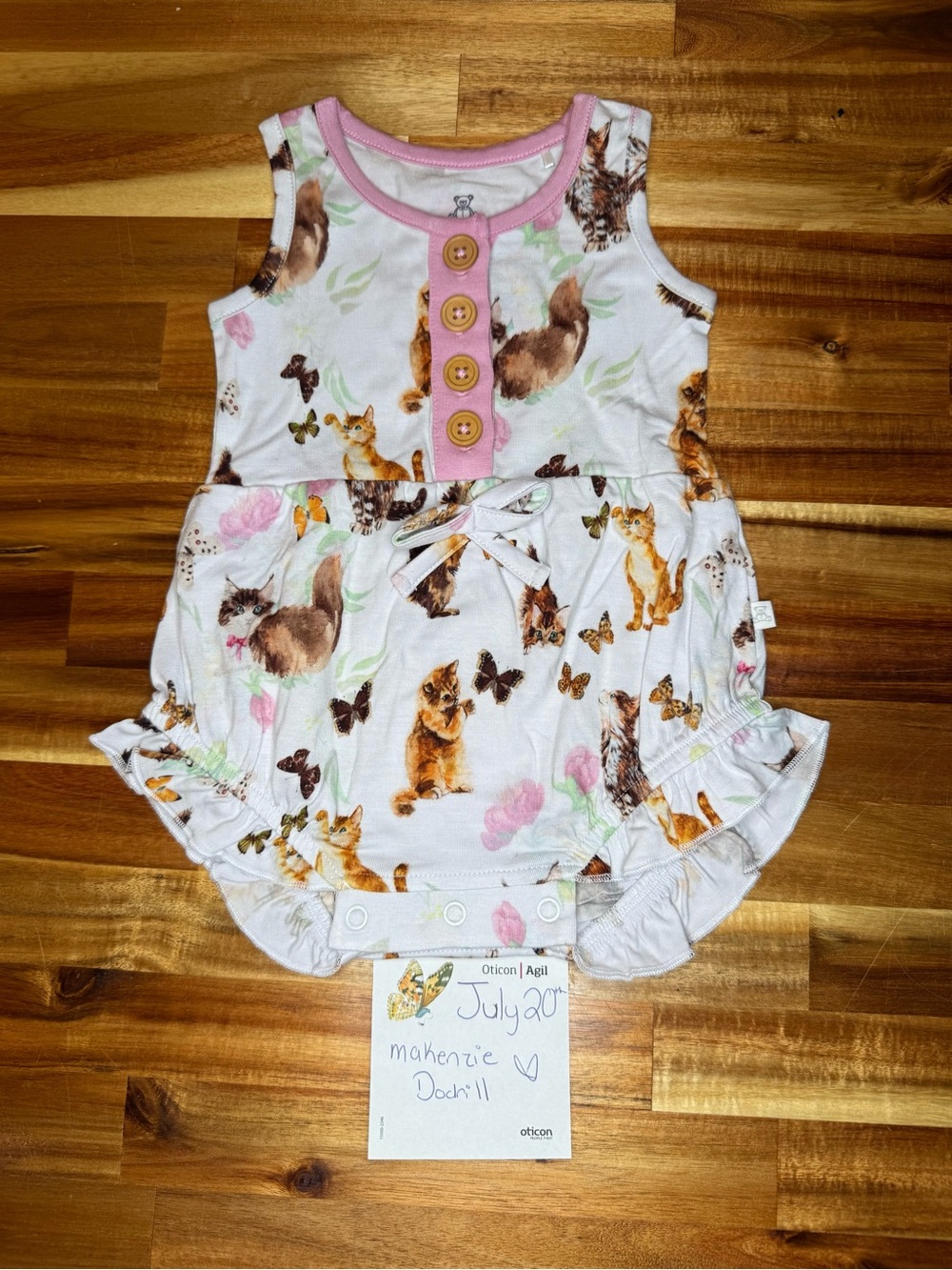 Girls Cat & Butterfly Print Pink-Trim One-Piece Bubble Romper Charlie’s Project
